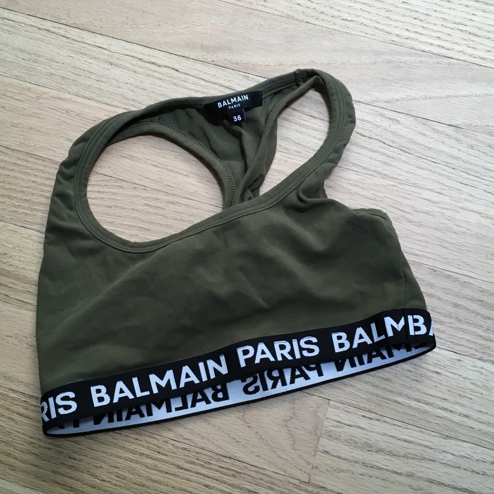 Balmain Olive Green Racerback Sports Bra with Logo Band